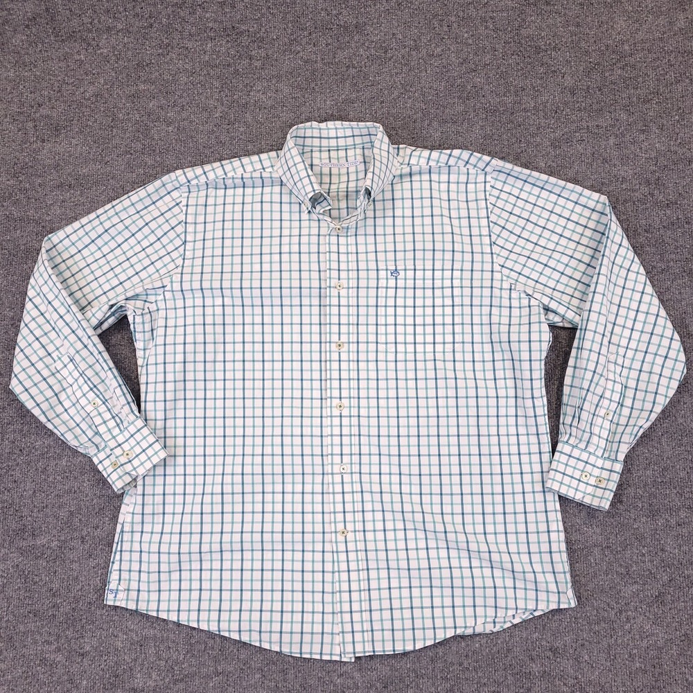 Southern Tide Casual Button Up Shirt Mens L Windowpane‎ Plaid Stretch Coastal